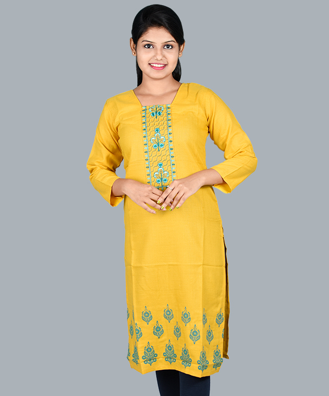 Chingari Fine Yellow Color Embrodery Work Kurti With Free Mask