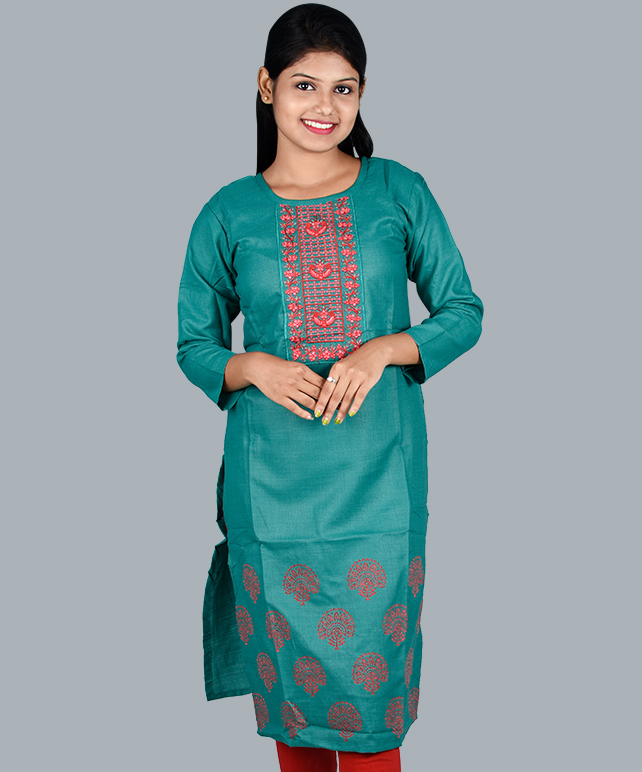 Chingari Green Color Embrodery Work Kurti With Free Mask