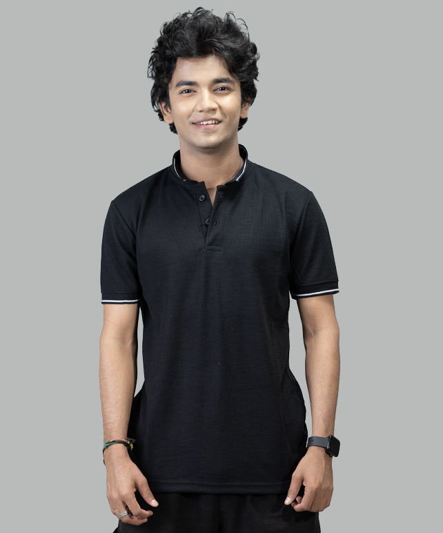 Black Collar-Neck cotton T-shirt for Men